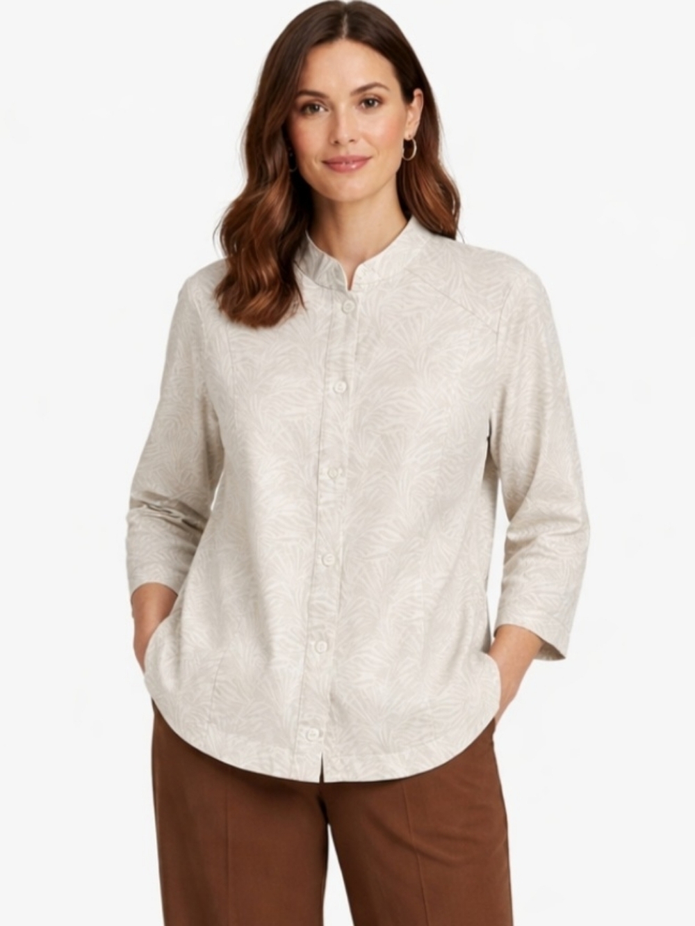 Chicos XL Size 3 Neutral Palm Print Button Down Top Jacket Pockets 3/4 Sleeve